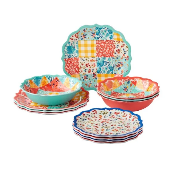 🌺 New Pioneer Woman Patchwork Medley 12-Piece Melamine Dinnerware Set - Picture 3 of 8